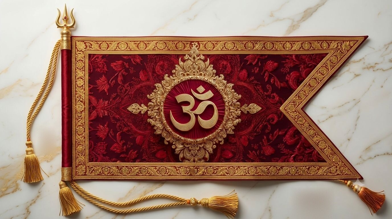 Maroon velvet Om dhwaja with gold zari border and trishul finial